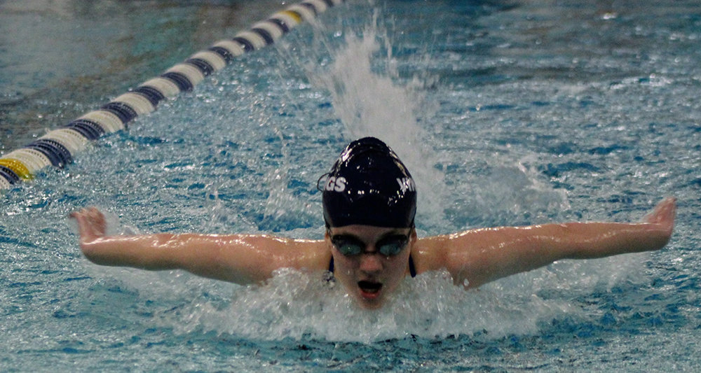 Photos courtesy Maureen Hedden 
Valley Central’s Olivia Messings wins the butterfly leg of the 200-yard individual medley during the Vikings’ virtual swim meet against Washingtonville on March 10 at Valley Central High School in Montgomery.